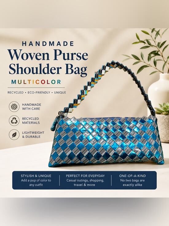 Handmade Handbags - Handmade Recycled Wrapper Woven Shoulder Bag Blue Silver Artisan Purse